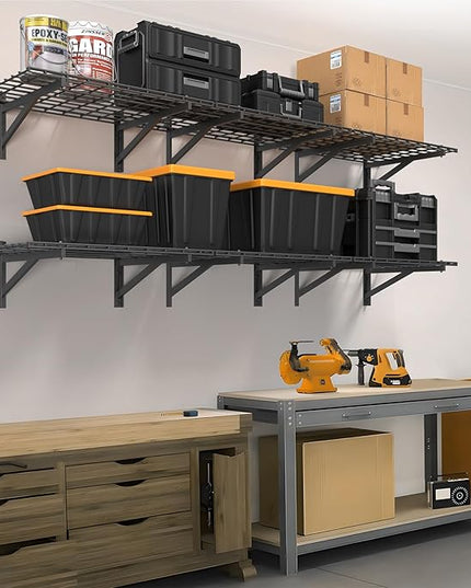 4 Pack Heavy Duty Garage Wall Shelving Set (2x3ft), Wall Mounted Garage Shelves 1400lbs Capacity, 24"x72" Shelf Storage Rack Floating Shelves, Black