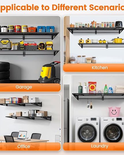 Garage Shelving 2x3ft 4-Pack, Garage Storage Rack 24"x36" Metal Shelves Black Wall Mounted with rods & 6 Hooks, Heavy Duty Wall Shelving Floating Shelves, 1200lbs Total load Capacity