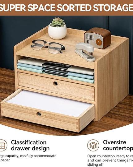 KIRIGEN Desktop Organizer with 2 Drawers and Tray - Wood Office Desk Storage Shelf for Office Supplies - Small Cabinet for Countertop Accessories Storage 3 Layer Natural（DT3D2C-NA）