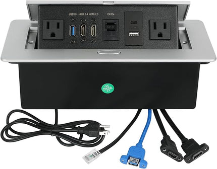 Table Pop up Power Strip Box Desktop Pop Up Outlet Recessed Multimedia Strip Socket Conference Table Power Hub Hidden Table Connection Box with Outlet Network HDMI for Office Desk (Sliver-D)