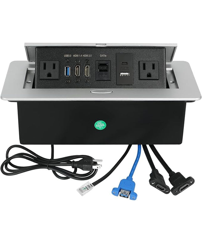Table Pop up Power Strip Box Desktop Pop Up Outlet Recessed Multimedia Strip Socket Conference Table Power Hub Hidden Table Connection Box with Outlet Network HDMI for Office Desk (Sliver-D)