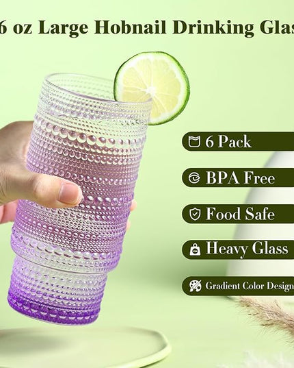 6pcs Hobnail Drinking Glasses Set, 16 oz Vintage Glassware Drinking Glasses, Gradual Purple Water Glasses Tumbler, Cups for Kitchen, Juice, Beer, Cocktail, Whiskey