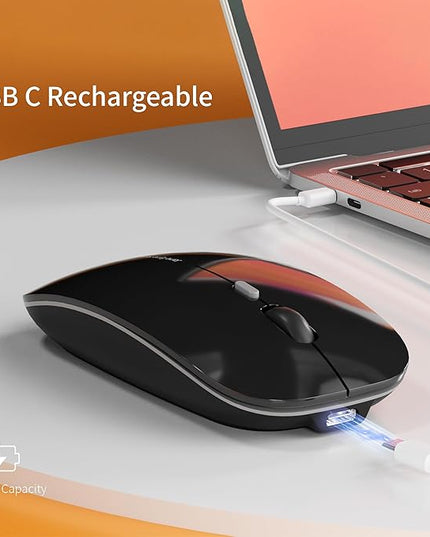 Uciefy Q5 Slim Rechargeable Wireless Mouse, 2.4G Portable Optical Silent Ultra Thin Wireless Computer Mouse with USB Receiver and Type C Adapter, Compatible with PC, Laptop, Notebook, Desktop Black