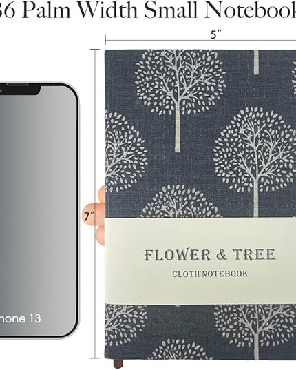 Linen Notebook, Hardcover Cloth Journal, B6, 264 Pages, 5x7 Small Lined Notebook & Sketchbook, Lay Flat, White Tree Navy Blue Fabric, Dirt-proof, Suitable for Outdoor Sketching