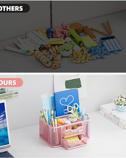 Marbrasse Mesh Desk Organizer, Pen Organizer with 2 Drawer, Multi-Functional Pencil Holder, Desk Organizers and Accessories with 5 Compartments + Drawer for Office Art Supplies (Pink)