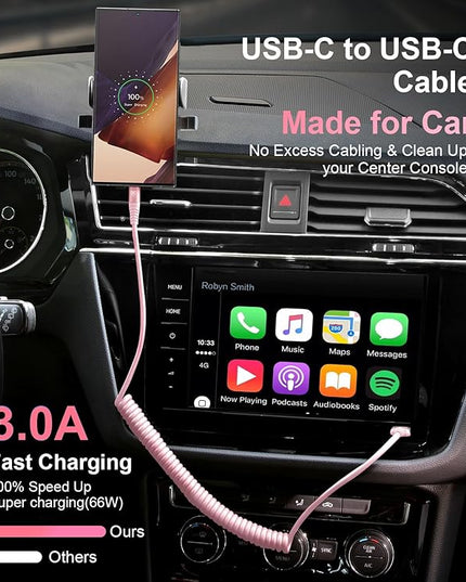 USB C to C Cable 3FT for Car, Coiled USB C Fast Charging Cable for iPhone 17/16/15, 2Pack Type C Cord for iPhone 15/Plus/Pro/Pro Max/Samsung Galaxy S23-Pink