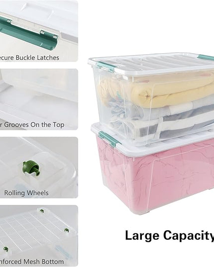 Gloreen Large Organizing Bin with Wheel, 4 Packs, 85 Quart Plastic Lidded Storage Box