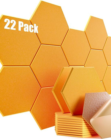 22 Pack Self-Adhesive Acoustic Panels 12" X 10" X 0.4" - Sound Proof Foam Panels with High Density, Hexagonal Design, Flame Resistant, Absorb Noise and Eliminate Echoes(Orange Yellow)