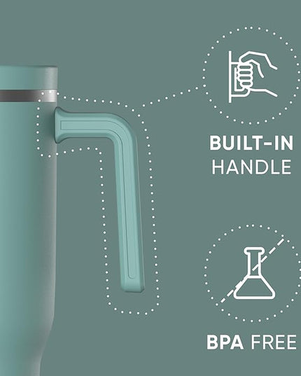 Hydrapeak Voyager 40 Oz Stainless Steel Tumbler with Handle, Insulated Water Bottle With Straw & Lid, Cupholder Friendly Reusable Travel Mug (Pale Sage)