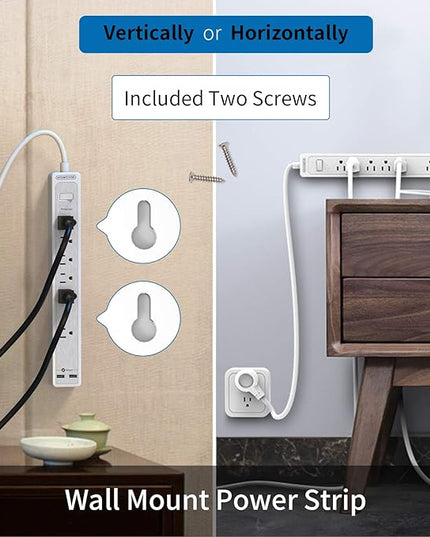 25ft Extension Cord Power Strip, 6 Outlets Surge Protector with 2 USB Ports, 15 A Circuit Breaker, Widely Spaced Outlet, Long Power Strip with Flat Plug Wall Mount for Home Office, Old House