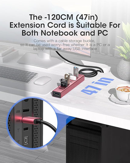 FORIDA USB Hub Long Cable 8 Ports multiport Adapter with 7-USB3.0 Data Ports and Type-C 5V/3A Power Port,USB Extender for Laptop PC and More (Rose Gold, USB A-47in)