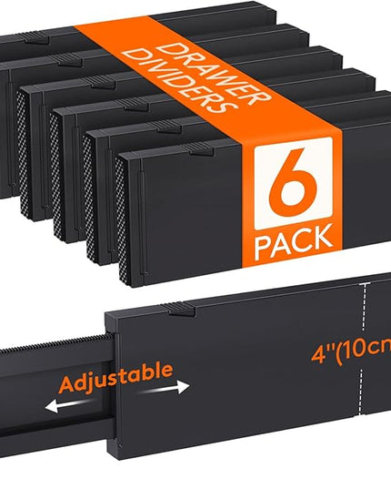 Lifewit 6 Pack Drawer Dividers 4" High, 11-17" Adjustable Drawer Organizers for Clothes, Expandable Dresser Separators in Bedroom/Bathroom/Kitchen/Fridge/Office Organization and Storage, Black