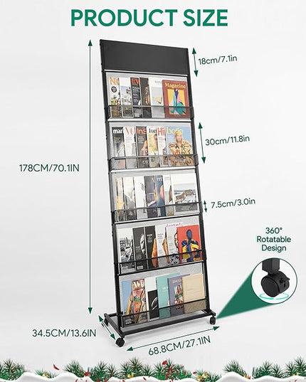 5 Layer Floor Magazine Rack Stand, 70"×27×13.6" Brochure Display Stand with 4 Universal Wheels, Detachable Magazine Display withTop Billboard, for Exhibitions, Shopping Malls, Hospitals, Offices