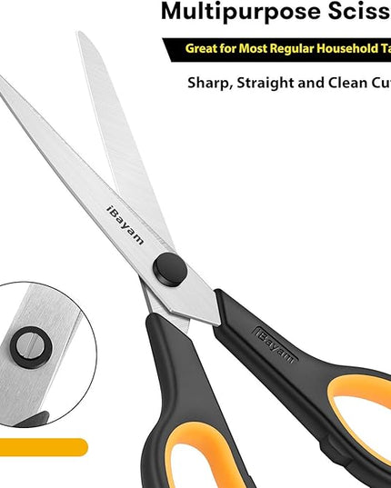 Scissors All Purpose, iBayam 8" Heavy Duty Scissors Bulk 3-Pack, 2.5mm Thickness Ultra Sharp Blade Shears with Comfort-Grip Handles for Office Home School Sewing Fabric Craft Supplies, Right/Left Hand