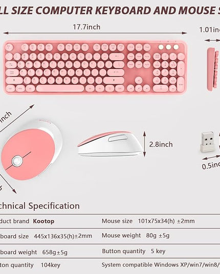 Kootop Wireless Keyboard, Cute Colorful 104 Keys Typewriter Retro Round Keycaps Keyboard for PC Laptop,Desktop,Windows, Home and Office Keyboards (Pink)
