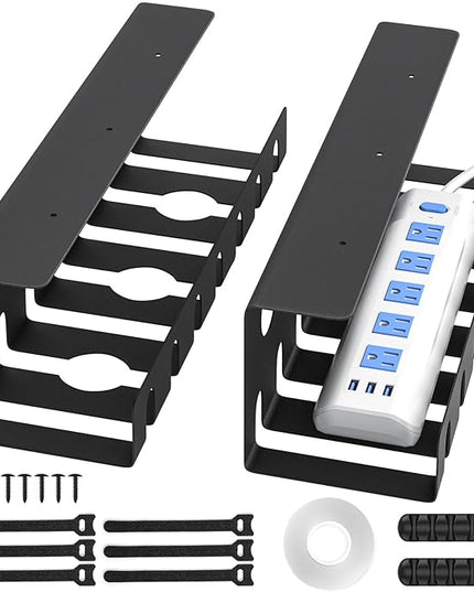 Delamu 2 Pack Metal Under Desk Cable Management Tray, U Channel Cord Organizer Box, Office Under Desk Cord Organizers, Cable Management with Various Accessories, Black, 15.75 Inches
