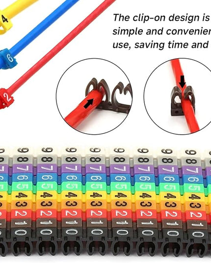 Wire Number Tube Cable Marker, 0.3 x 0.2in Colorful Clip on Wire Marker, Digital Number Wire Numbering Marker, Plastic Cable Numbering Marker Tube for Wires Management, 100Pcs