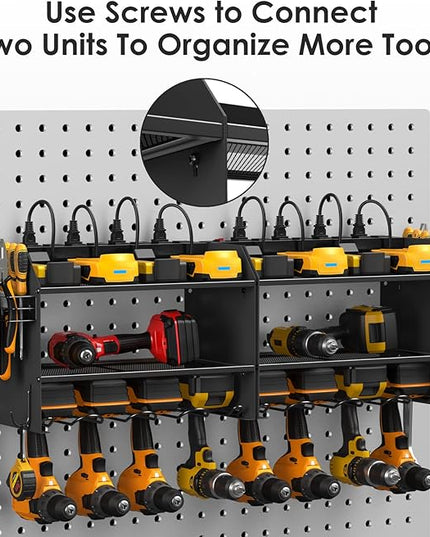 CCCEI Modular Power Tool Organizer Wall Mount with Charging Station. Garage Drill Storage Shelf with Hooks, Heavy Duty Rack, Tool Battery Holder Built in 8 Outlet. Gift for Men. Black, 2 Pack.