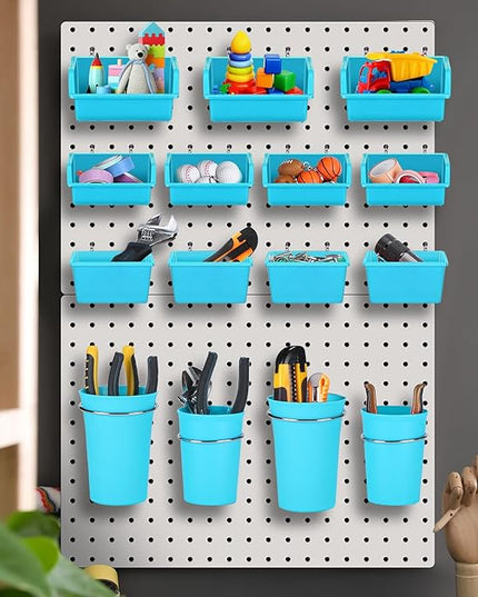 Roowest 60 Pcs Pegboard Cups Pegboard Bins Set, Wall Organizer with Hooks and Loops, Hooks Assortment Organizer Accessory for Office Storage Garage Craft Workshop(Blue)