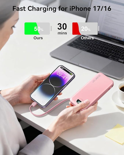12000mAh Ultra-Portable-Charger-Power-Bank with Built in Cables&AC Wall Plug,PD20W USB-C Fast Charging Cell Phone Charger Battery Pack,LED Display Travel Battery Bank for All iPhone,Samsung,Android