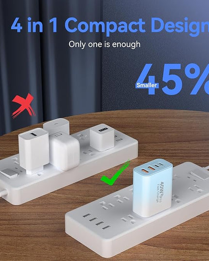 USB C Wall Fast Charger Block, 40W 4-Port Type C Chargers Fast Charging Blocks for Phone 17/16/15/14/13/12 Pro Max, Pad, Galaxy S24/23-2Pack Gradient Blue