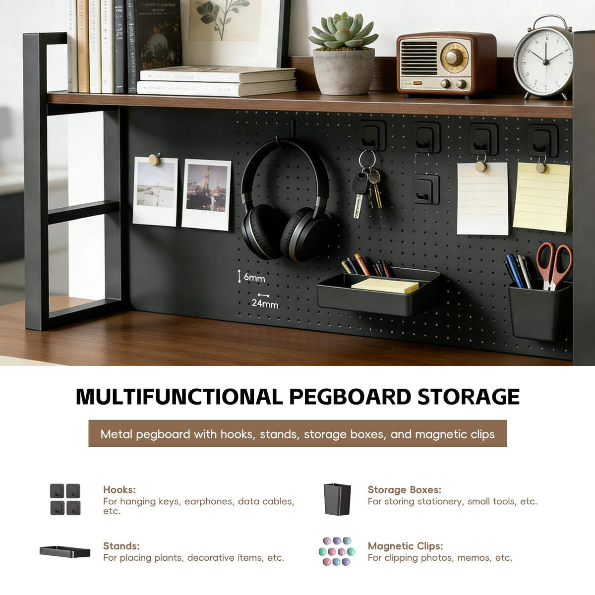 LINLIUA 2/3/4 Tier Desk Hutch, Metal Desk Shelf with Pegboard, Desk Shelves for Top of Desk, Freestanding Desktop Bookshelf, Desktop Shelf Organizer Display Rack for Dorm Office and Home