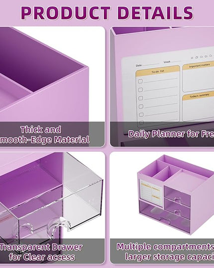 Marbrasse Desk Organizer with 3 Drawer, Multi-Functional Pencil Pen Holder, Desk Organizers and Accessories with 4 Compartments,Desktop Organizer Storage for Office Home Art Supplies (Purple)