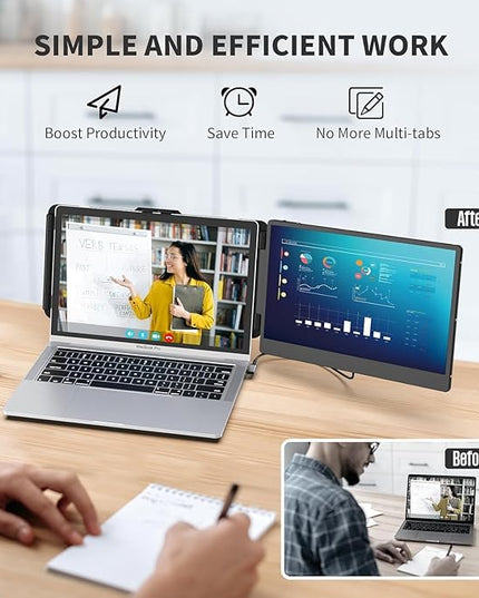 FEZOBR Laptop Screen Extender, 14" FHD 1080P IPS Laptop Monitor Extender Dual Screen, Travel Monitor for 13-17" Laptops with USB-C/HDMI Port, Plug and Play for Windows/Mac/Android