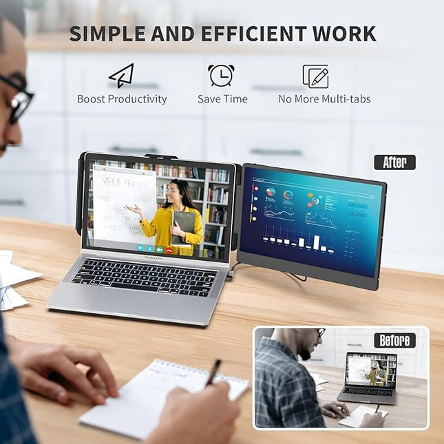 FEZOBR Laptop Screen Extender, 14" FHD 1080P IPS Laptop Monitor Extender Dual Screen, Travel Monitor for 13-17" Laptops with USB-C/HDMI Port, Plug and Play for Windows/Mac/Android