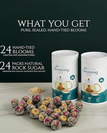 Tea Bunch Blooming Flower Tea Set – 12x2 Hand-Tied Organic Green Tea Balls with 24 Packs of Rock Sugar, Gift-Ready Packaging, Calming Floral Tea for Wellness & Relaxation (Glass Teapot Not Included)