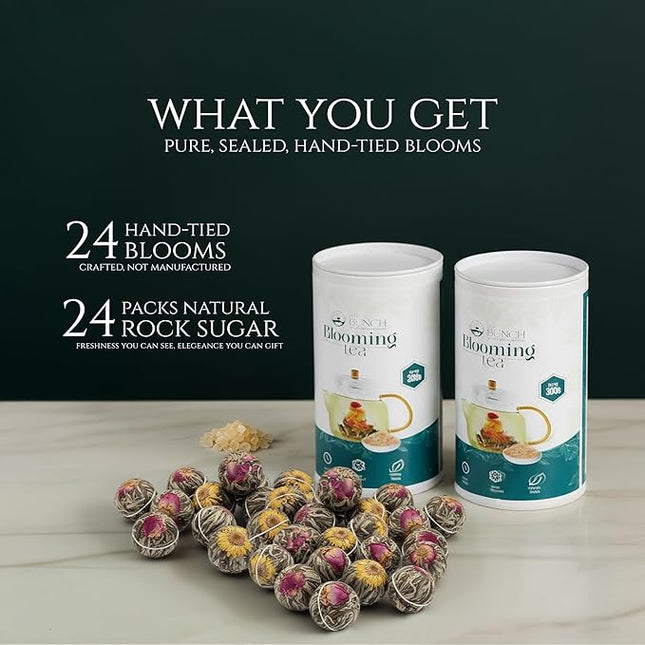 Tea Bunch Blooming Flower Tea Set – 12x2 Hand-Tied Organic Green Tea Balls with 24 Packs of Rock Sugar, Gift-Ready Packaging, Calming Floral Tea for Wellness & Relaxation (Glass Teapot Not Included)