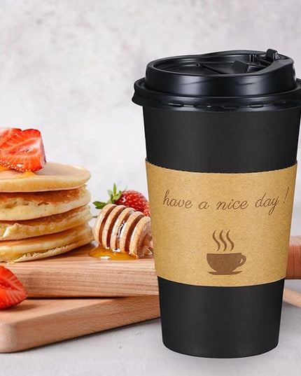 Lamosi 16 oz Coffee Cups with Lids 100 Pack, 16 oz Disposable Coffee Cup with Stir Sticks and Sleeves, To Go Hot Paper Cup for Home, Travel, Office