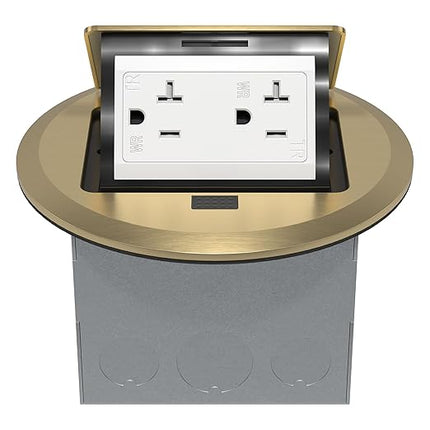 TG Pop-Up Round Floor Box Kit, 20A Tamper-Weather-Resistant Receptacle, Watertight Gasket, Corrosion-Resistant Hardware, Surface Mount for Kitchen, UL Listed, Brass