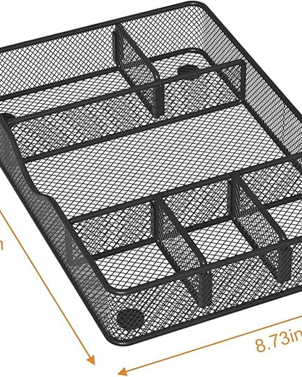 Desk Drawer Organizer Tray, Metal Mesh Drawer Organizer for Office & Home, 6 Adjustable Compartments, Black, 2 Pack - 12.87x8.73x1.96 inch