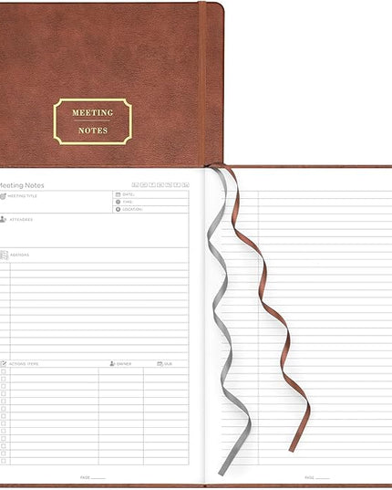 EMSHOI Meeting Notebook for Work with Sticky Tabs - 240 Pages, A4 Size Project Planner, PU Leather Meeting Agenda/Minutes Organizer for Women Men, Note Taking, Office & Business, 8.3"x11.7", Coffee
