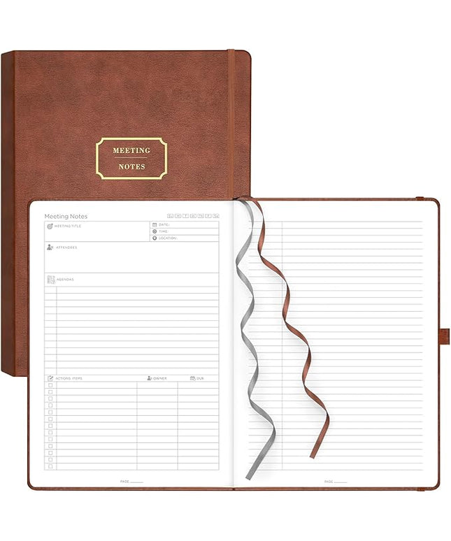 EMSHOI Meeting Notebook for Work with Sticky Tabs - 240 Pages, A4 Size Project Planner, PU Leather Meeting Agenda/Minutes Organizer for Women Men, Note Taking, Office & Business, 8.3"x11.7", Coffee