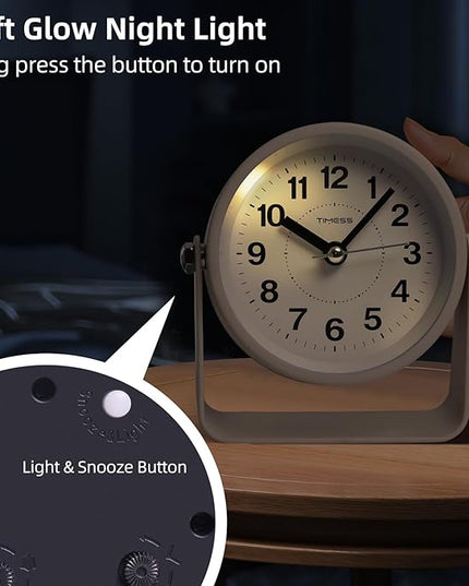 TIMESS Analog Alarm Clock, Silent Non-Ticking Quartz Movement, Battery-Operated with Snooze & On-Demand Light, Easy to Set Gentle Wake Bedside Desk Clock, Ideal for Home, Travel, Office (Yellow)
