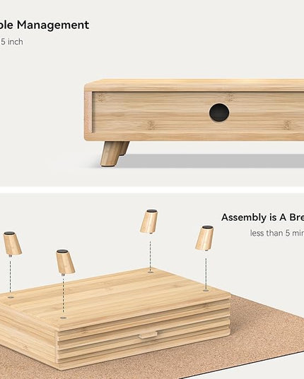 Bamboo Monitor Stand with Drawer - Desk Organizer with Cable Management & Storage, Ergonomic Laptop Riser for Home Office (220lbs Capacity, 15.7 inch ,Natural)