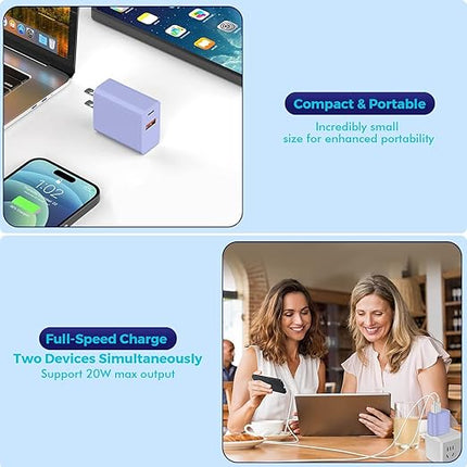 2Pack iPhone 17 Fast Charger,20W Dual USB A+C QC Wall Charger with 10FT USB C-C Charging Cord Apple Charger Fast Charging for iPhone 17/17 Air/17 Pro/16e/16/16 Pro/15/15 Pro/Pro Max/Plus(Purple/Pink)