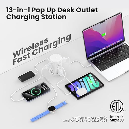 VILONG Pop Up Outlet with 15W Wireless Charger,4 USB Ports,8 Outlets,Space-Saving Concealed Design,Pop up Power Outlet for Conference Table,Kitchen Countertop (ETL Listed)
