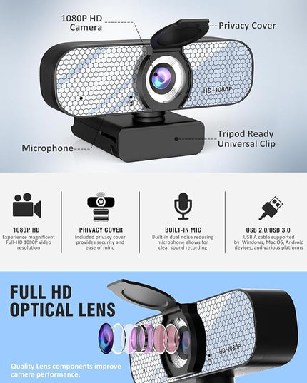1080P HD Webcam with Built-in Microphone, Rotatable Tripod, Wide-Angle Lens,Privacy Cover, Auto Light Correction, Plug & Play USB-A Webcam for Laptop, Desktop, PC, Streaming-White