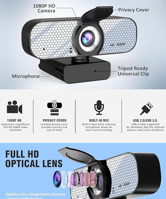 1080P HD Webcam with Built-in Microphone, Rotatable Tripod, Wide-Angle Lens,Privacy Cover, Auto Light Correction, Plug & Play USB-A Webcam for Laptop, Desktop, PC, Streaming-White