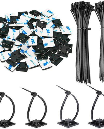 30 Pack 2 inch Zip Tie Adhesive Mounts Self Adhesive Cable Tie Base Holders with Multi-Purpose Tie wire clips with screw hole,Anchor stick on wire holder with 8 inch zip ties（Black）