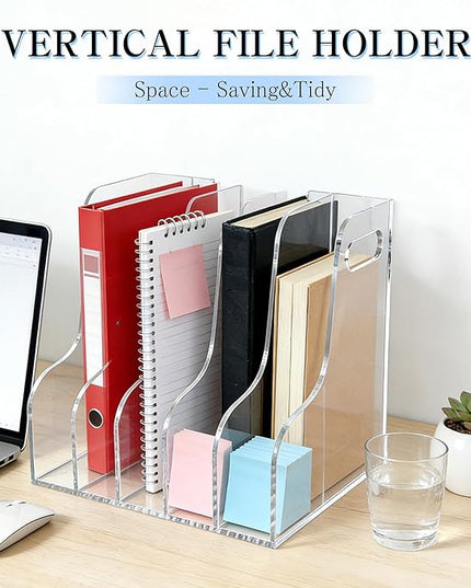 5-Tier Clear Acrylic File Holder, Vertical Document Organizer for Magazines, Binders, Notebooks & Envelopes - Multi-Purpose Desk Storage for Home Office（A4,5 Sections）