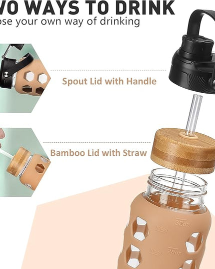 MUKOKO Glass Water Bottles, 24oz Glass Tumbler with Straw, Drinking Bottles with 2 Lids-Handle Spout Lid&Bamboo Straw Lid, Motivational Water Bottle with Time Marker and Silicone Sleeve, 1 Pack-Amber