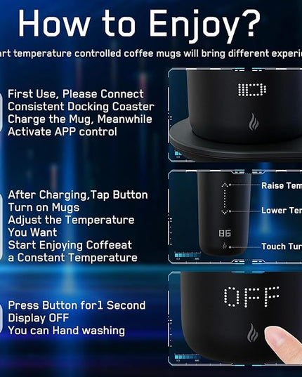 LEGARDLILIU Temperature Control Heated Coffee Mug Smart Self Heating Travel Mug 12 Oz App Controlled Warmer Mug 4-10 Hour LED Display Keep Coffee Hot Fast Wireless Charger Base Iron Black