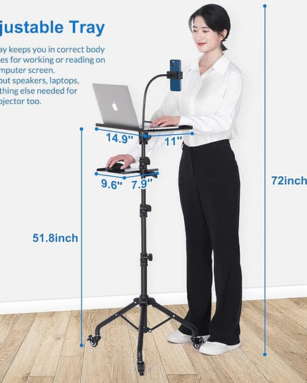 Laptop Tripod on Wheels with 2 Shelves, Portable Projector Floor Stand Adjustable Height 25.9 to 51.8 Inch with Phone Holder