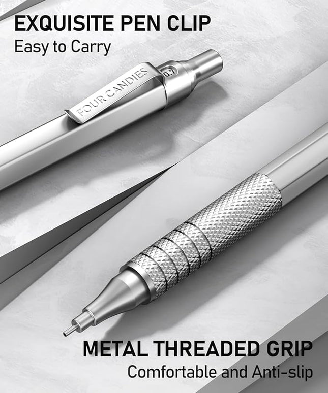 Four Candies 2PCS Metal Mechanical Pencils Set with Case, 0.5mm & 0.7 mm Artist Pencil with 6 Tubes (360PCS) HB Lead Refills, 3 Erasers,9 Eraser Refills For Writing Drafting, Drawing, Black&Silver