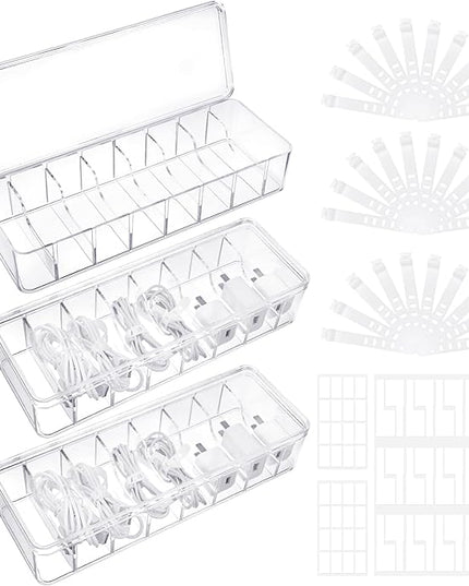 Cable Organizer Box with Lid, 3 Pcs Clear Cord Storage Organizer with 30 Cable Ties 62 Cable Labels, Charger Organizer for Office Desk Drawer Organizers and Accessories