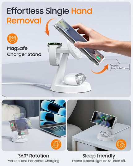 Magnetic Wireless Charger for Samsung, 3 in 1 Charging Station Compatible with MagSafe Charger for Samsung Galaxy S25 Ultra Z Fold7/Flip7, Watch Charger Stand for Galaxy Watch Ultra 8, for buds, White
